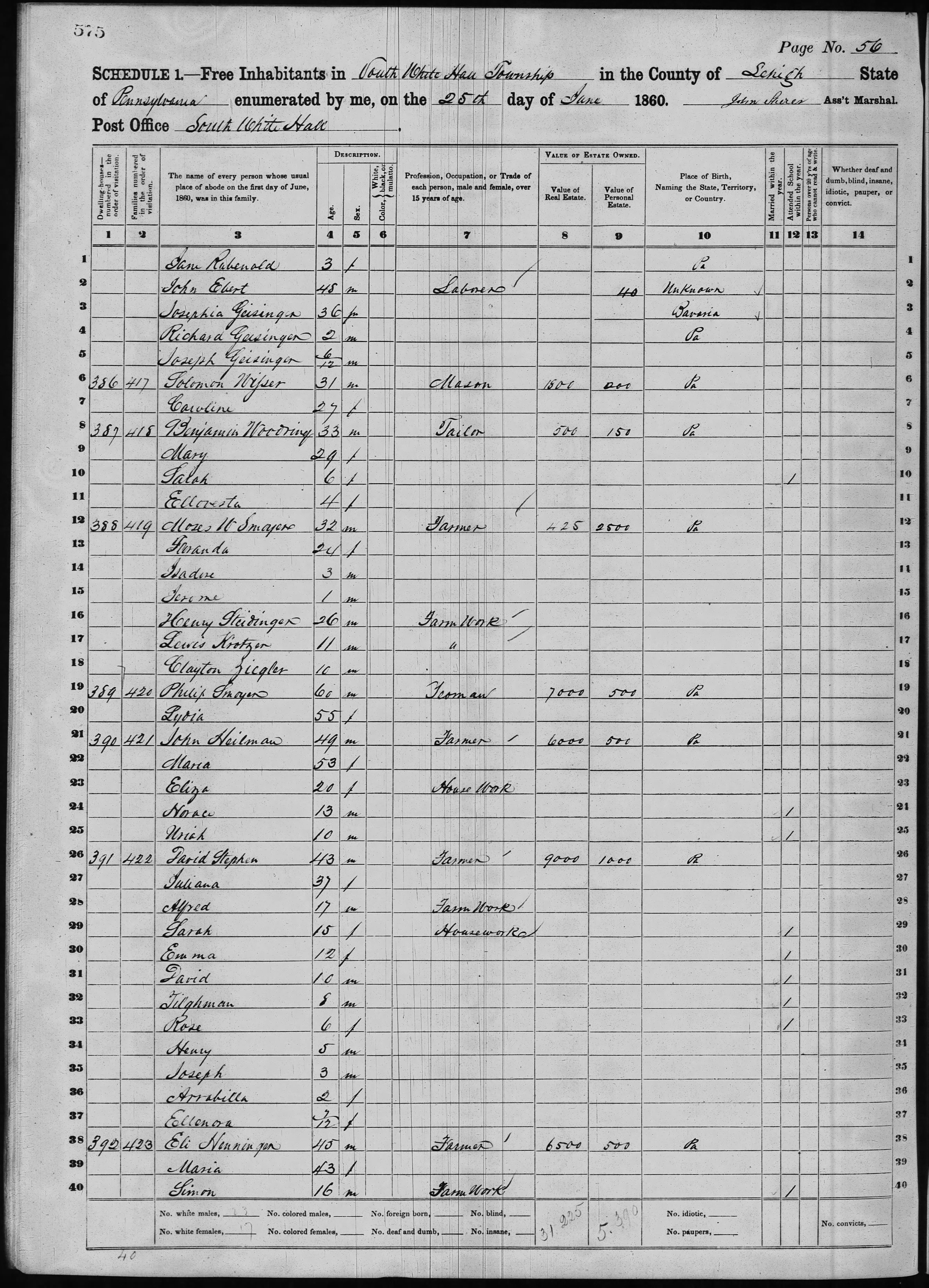 Solomon Wisser in 1860 census